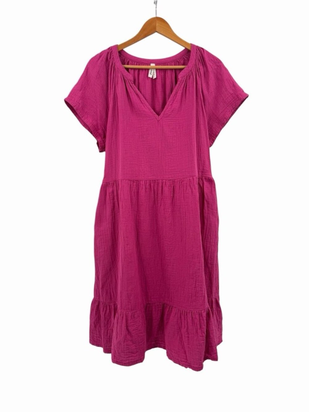 PACT Women's Pink Gauze Tiered Short Sleeve Belted A-Line Dress XL